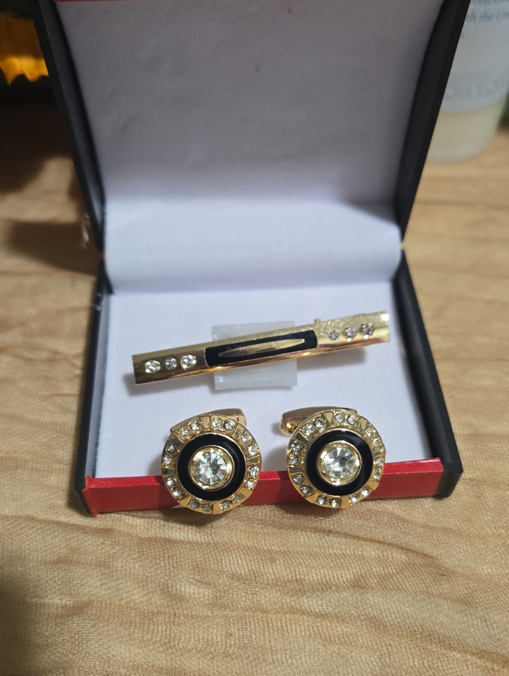 Gold-Toned and Black Crystal Cufflink and Tie Clip Set-NWT